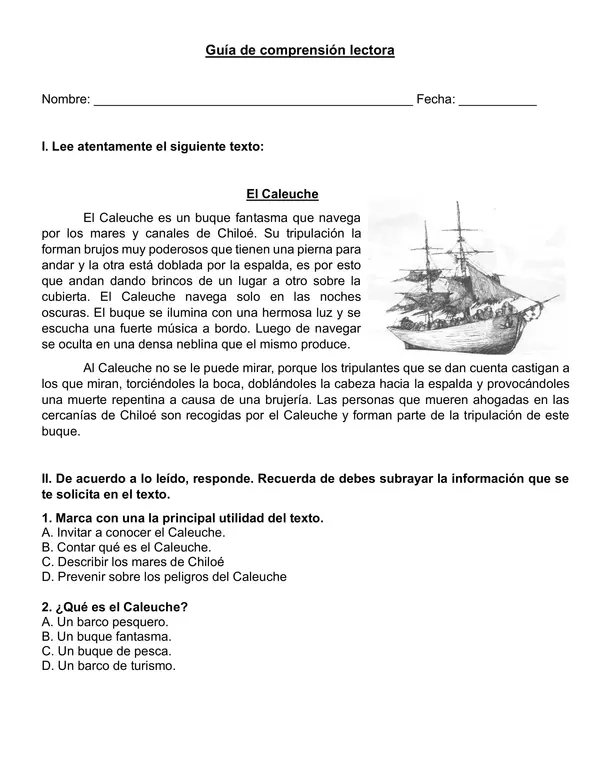 Guía de comprensión lectora "El Caleuche" 3°-4°año básico