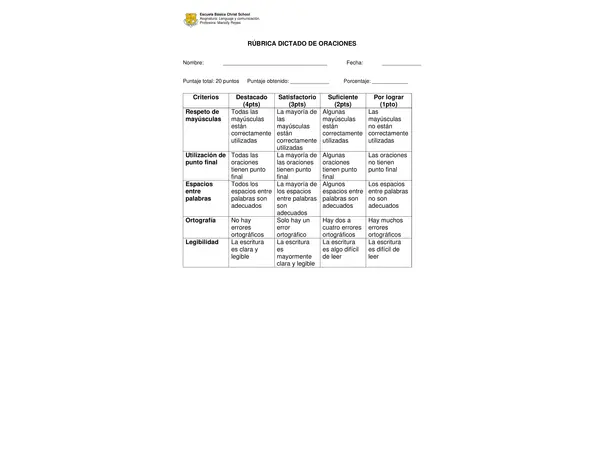 Rúbrica: Dictado de oraciones