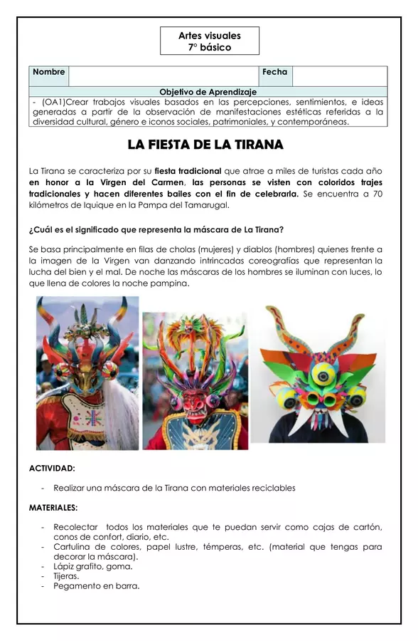 Artes visuales - Máscara de la Tirana - 7° básico