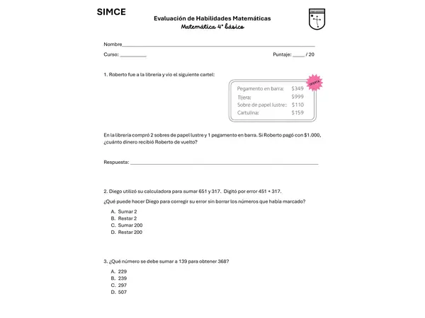 EVALUACIÓN DE HABILIDADES MATEMÁTICAS | 4.º BÁSICO