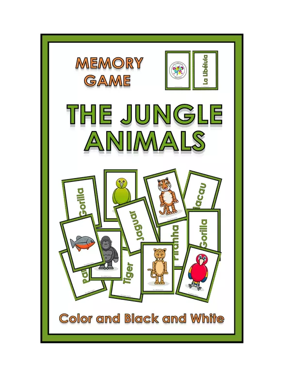Memory match game animals jungle english color bw vocabulary pairs