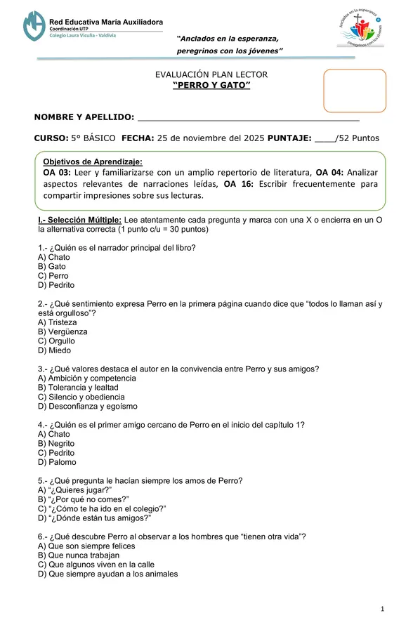 Evaluación Plan Lector "Perro y Gato"