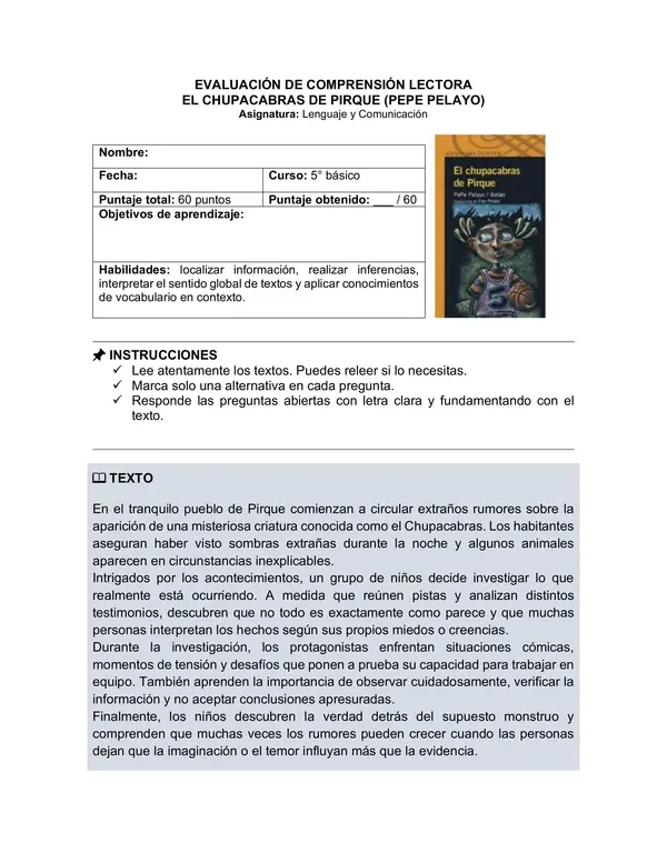 Prueba del libro "EL CHUPACABRAS DE PIRQUE" (PEPE PELAYO) 5° básico