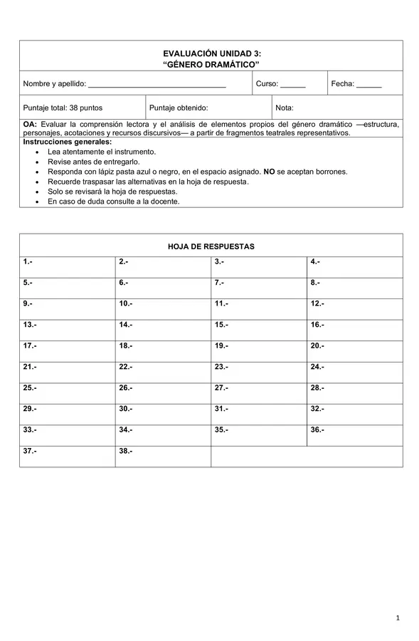 Evaluación Género dramático 1°Medio