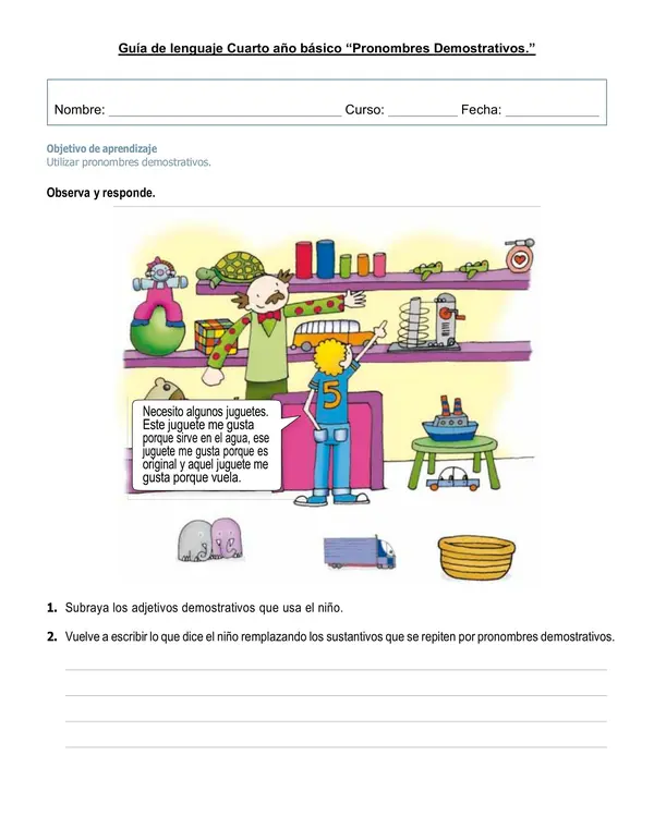 Guía de lenguaje 4°año "Pronombre demostrativo".