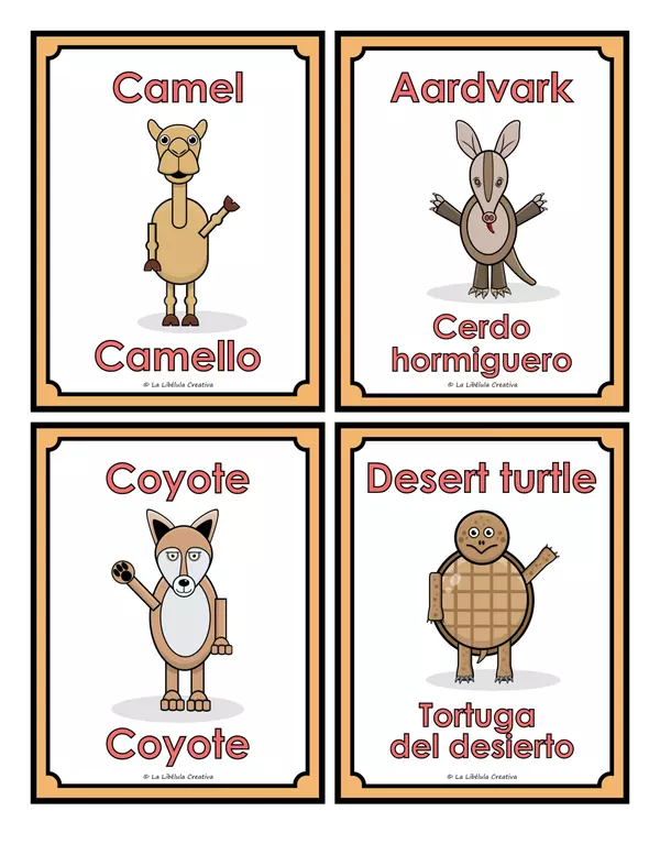 Flash Cards Desert Animals Cut Color BW Bilingual English Spanish