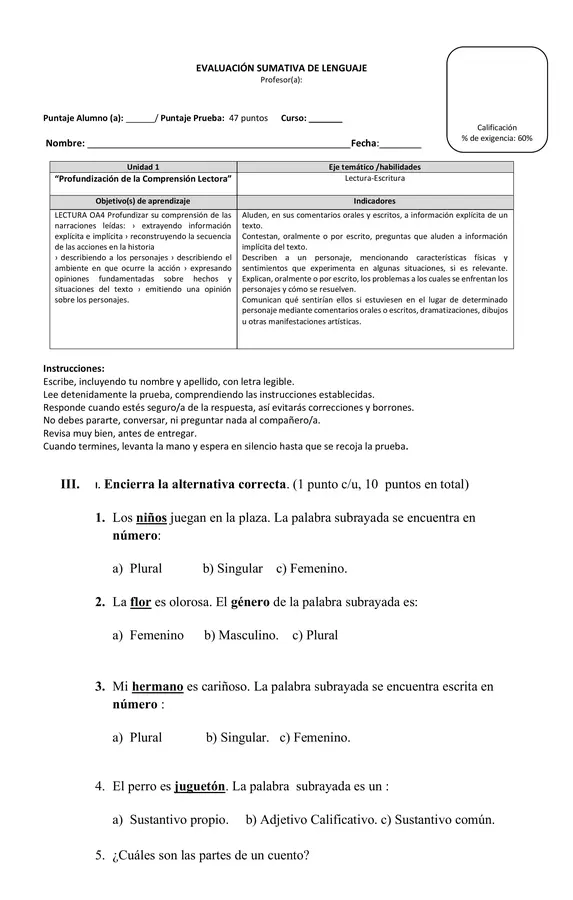 Prueba de Lenguaje y Comunicación 3° básico