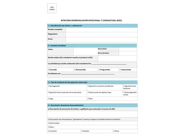BITACORA REGISTRO DEC (DESREGULACION EMOCIONAL Y CONDUCTUAL)