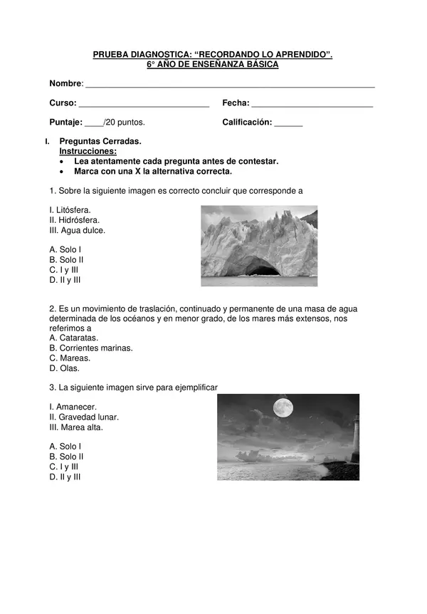 PRUEBA DIAGNOSTICO, CIENCIAS NATURALES, SEXTO BASICO CON SOLUCIONES