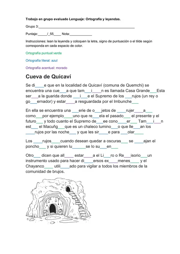 Trabajo ortografía en la leyenda La Cueva de Quicaví