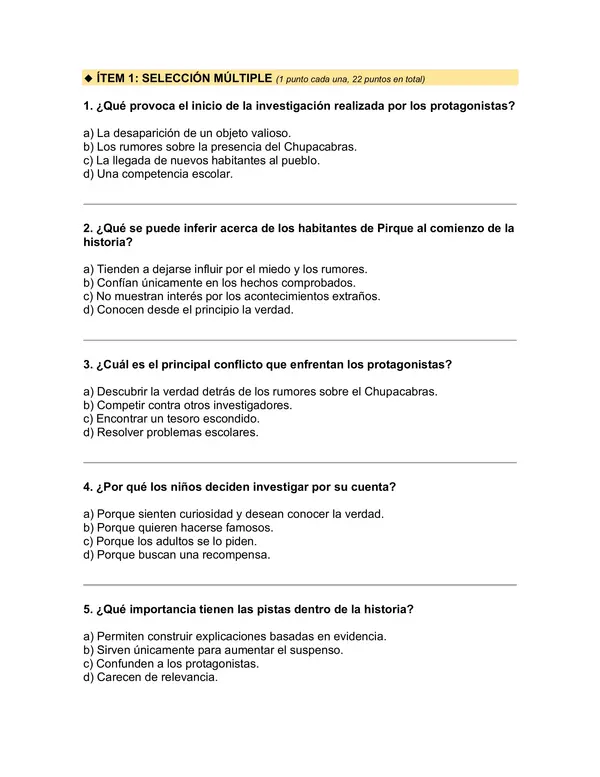 Prueba del libro "EL CHUPACABRAS DE PIRQUE" (PEPE PELAYO) 5° básico