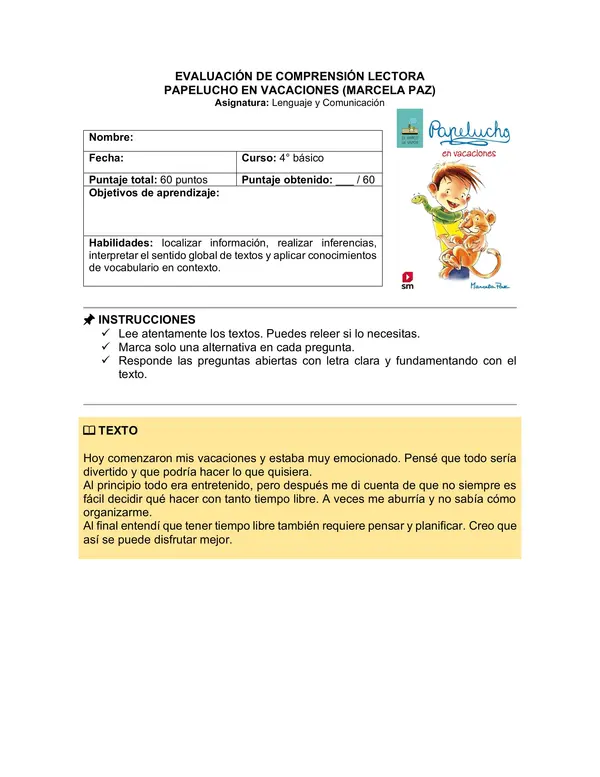 Prueba del libro "Papelucho en vacaciones" (Marcela Paz)