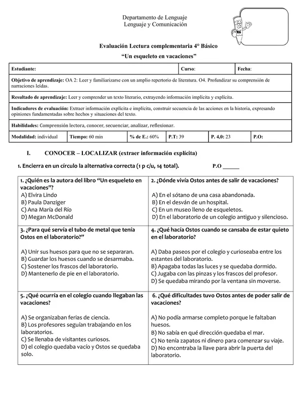 Prueba lectura complementaria "Un esqueleto en vacaciones" 