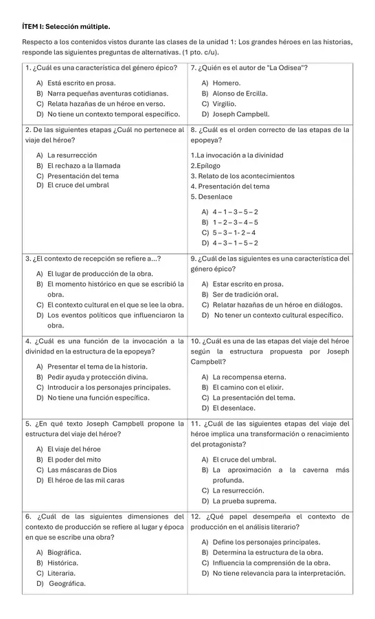 Prueba Unidad 1: Epopeya