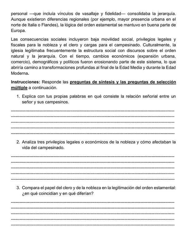 GUIA DE APRENDIZAJE: Jerarquías y privilegios: explorando la sociedad feudal”