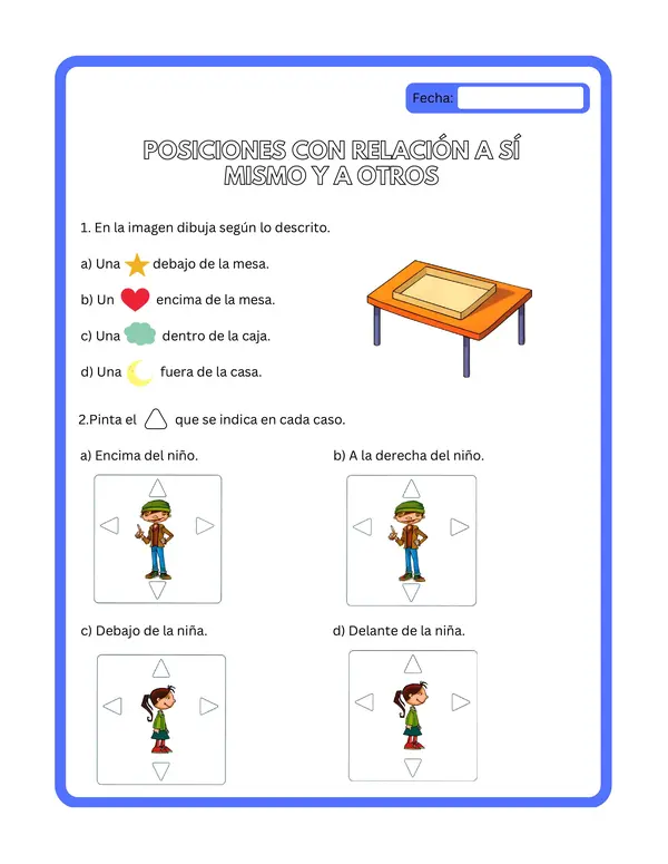 2° básico - Ficha de aprendizaje "Posiciones con relación a sí mismo y a otros"