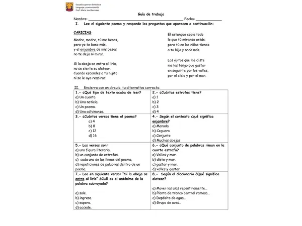Comprensión poema "Caricias"