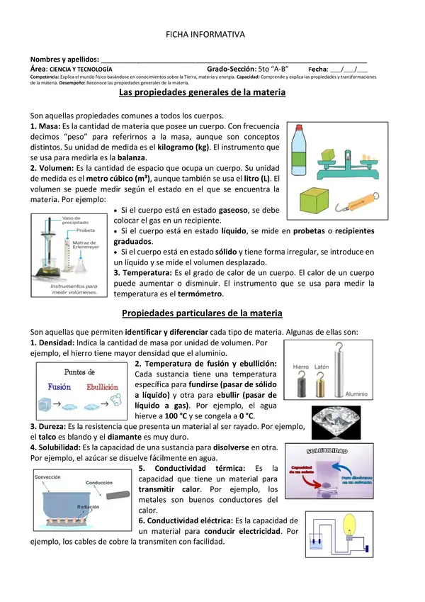 FICHA INFORMATIVA DE LAS PROPIEDADES DE LA MATERIA
