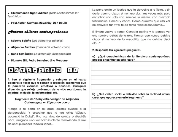 Guía de trabajo - Movimiento Literario: Contemporáneo