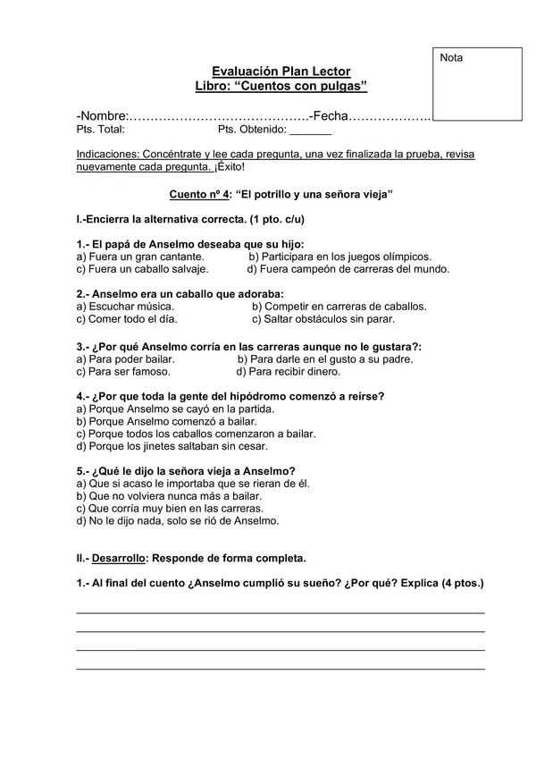 Evaluación libro "Cuentos con pulgas"