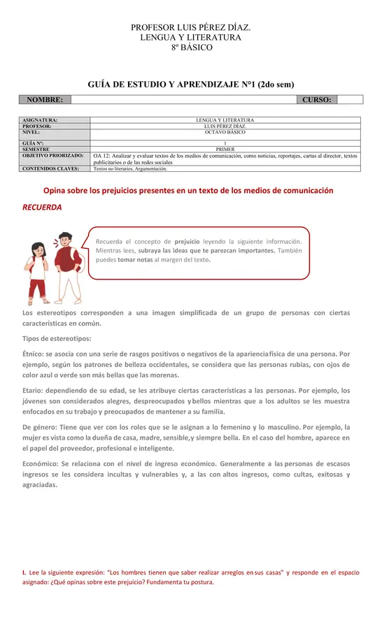 Guías textos no Lit. - Prejuicios presentes en un texto de los medios de comunicación 8° - 7°