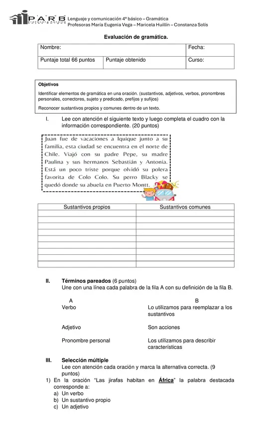 Evaluación editable Gramática 4to básico