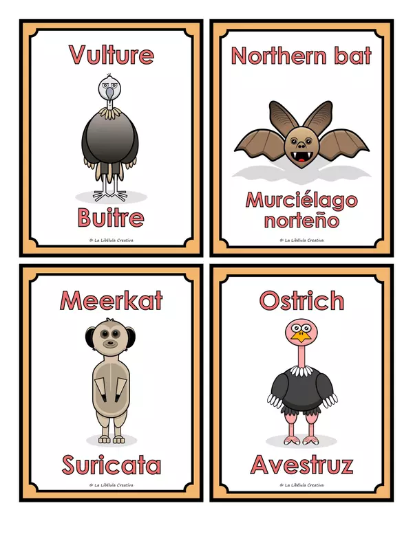 Flash Cards Desert Animals Cut Color BW Bilingual English Spanish