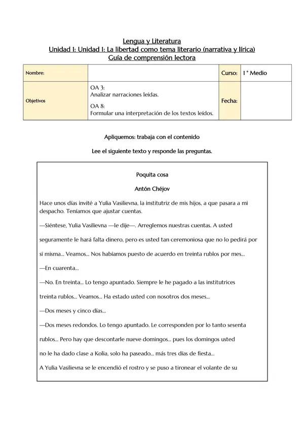Guía de comprensión lectora: "Poquita cosa" de Antón Chejov + Pauta de corrección
