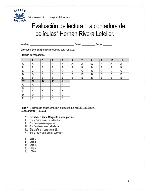 prueba "La contadora de películas" Hernán Rivera Letelier. 1°Medio. 