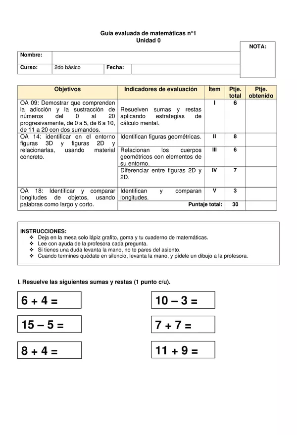 Guía evaluada unidad 0 (2do básico): sumas, restas, geometría y longitudes.