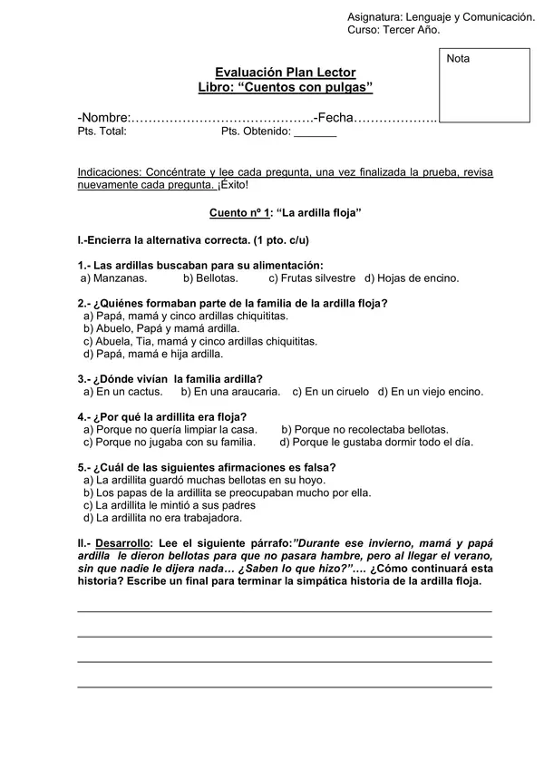 Evaluación libro "Cuentos con pulgas"