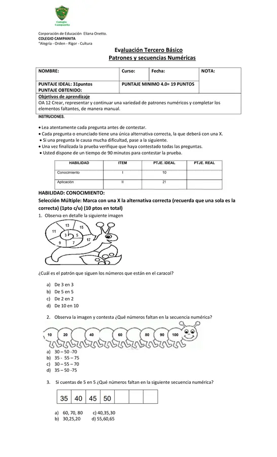 Evaluación Patrones y secuencias numéricas 