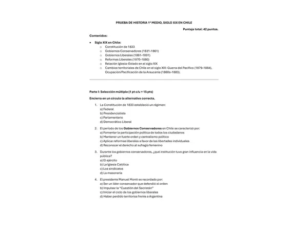 EVALUACIÓN HISTORIA 1° MEDIO, SIGLO XIX EN CHILE