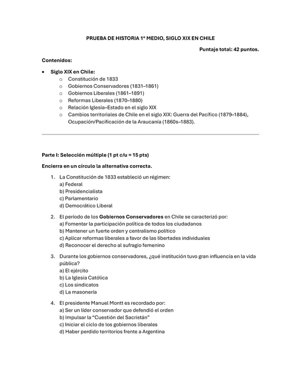 EVALUACIÓN HISTORIA 1° MEDIO, SIGLO XIX EN CHILE