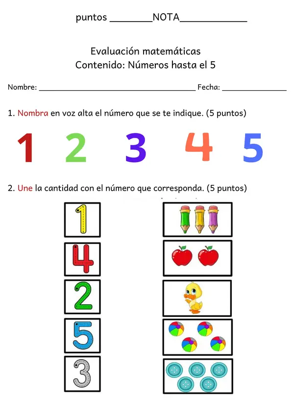 Prueba matemáticas números hasta el 5