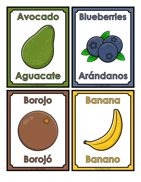 Flash Cards Fruits Food Bilingual English Spanish