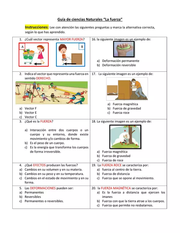 Cuestionario de "las fuerzas" ciencias naturales - 4° Básico
