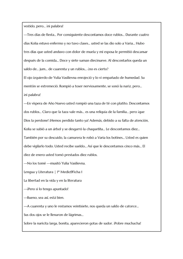 Guía de comprensión lectora: "Poquita cosa" de Antón Chejov + Pauta de corrección