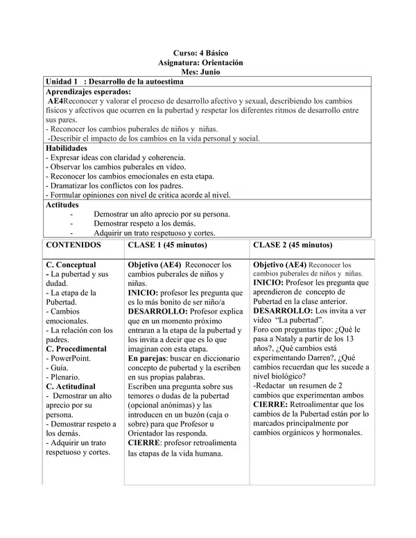 Planificación Clase a Clase: Junio | Orientación Cuarto Básico