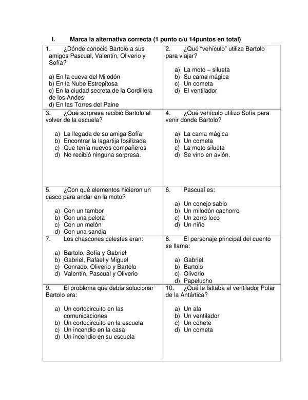 Evaluación "Los sueños mágicos de Bartolo" Editable