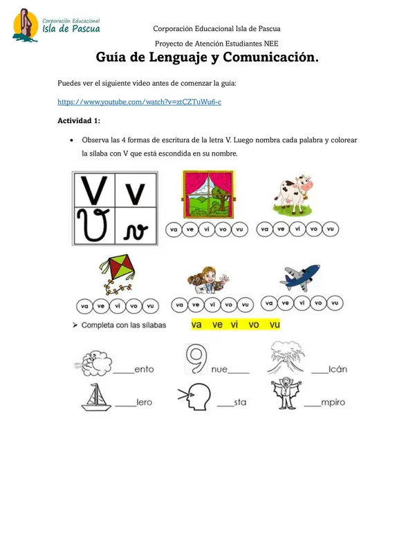 Guía de Lenguaje y Comunicación Consonante "V"