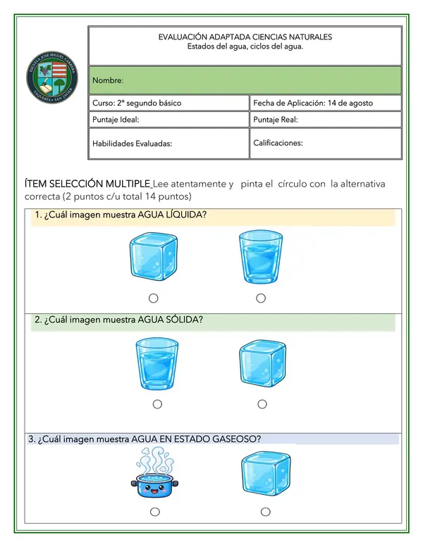 evaluacion  adaptada ciclos del agua