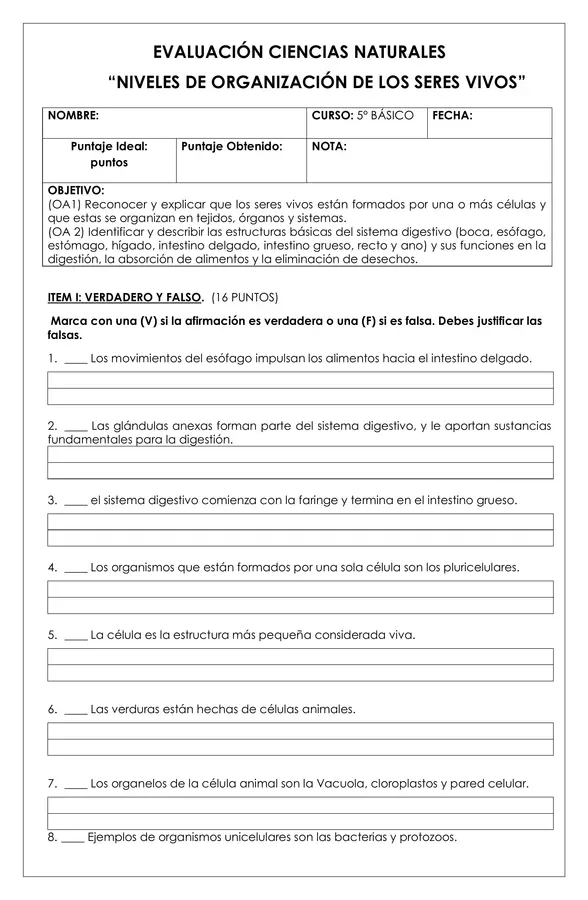 Prueba 5° ciencias - Organización de los seres vivos