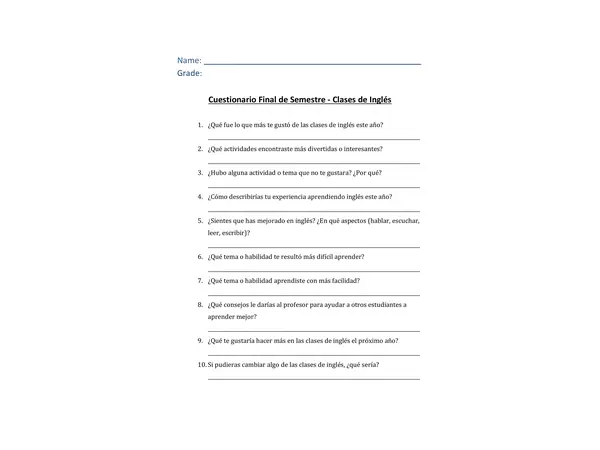 Cuestionario inglés - Fin de semestre