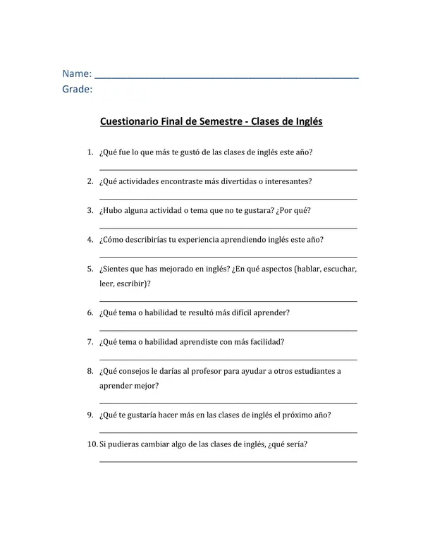 Cuestionario inglés - Fin de semestre