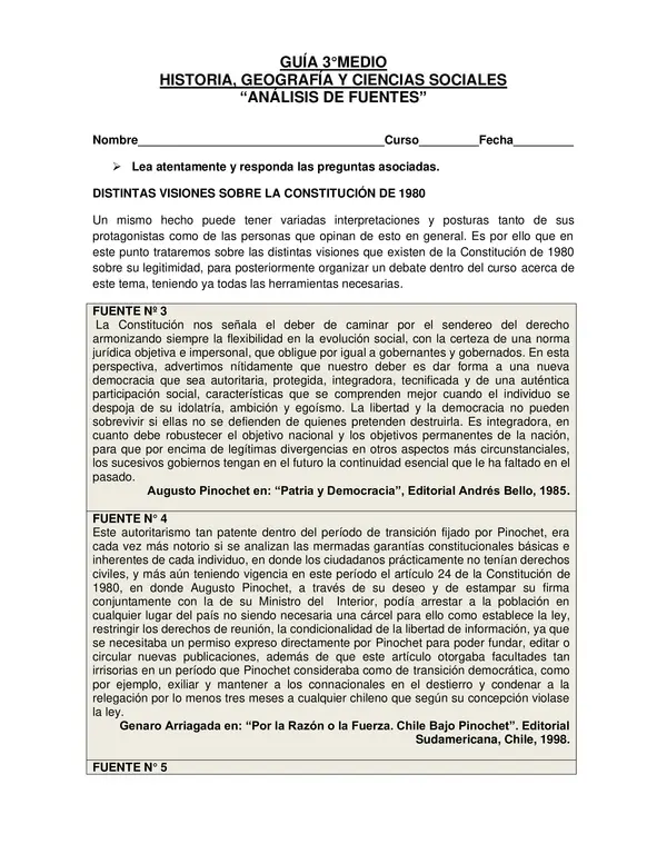GUÍA “ANÁLISIS DE FUENTES” DISTINTAS VISIONES CONSTITUCION 1980, HISTORIA, TERCERO MEDIO