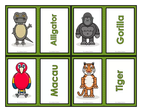 Memory match game animals jungle english color bw vocabulary pairs