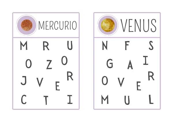 Tarjetas de buscar letras temática El sistema solar
