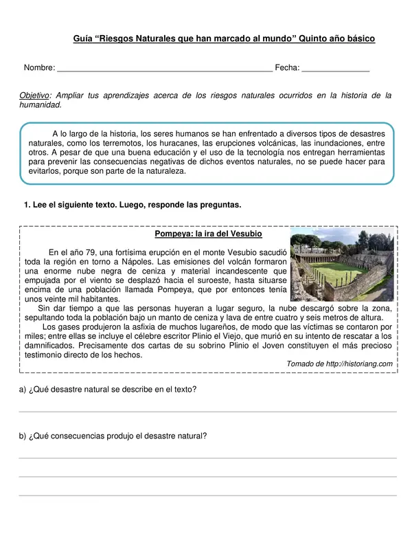 Guía "Riesgos Naturales que han marcado el mundo" 5° año.
