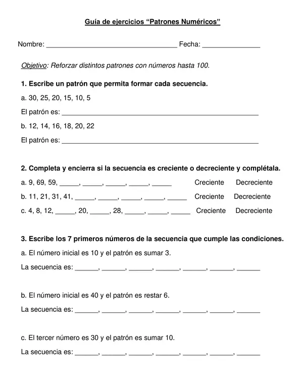 Guía "Patrones numéricos hasta 100" 2° año.